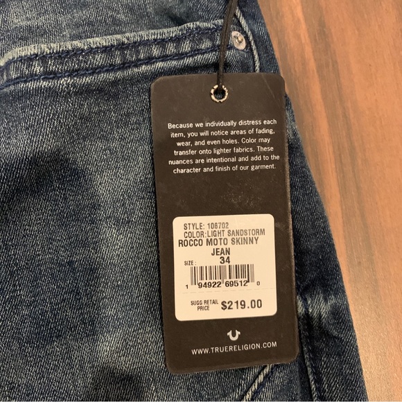 True Religion Jeans Rocco Moto Skinny Relaxed Blue Men’s 34 NWT $219 - Picture 5 of 9